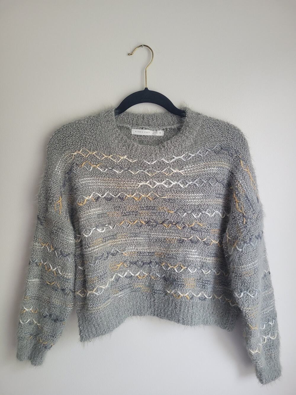 Altar'd State Grey Eyelash Knit Embroidered Sweater XS – Cropped Boho Pullover